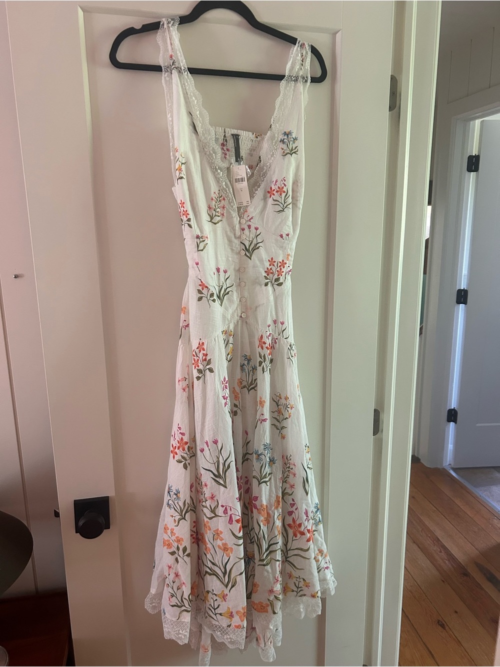 Anthropologie White Floral Lace-Trim Midi Dress